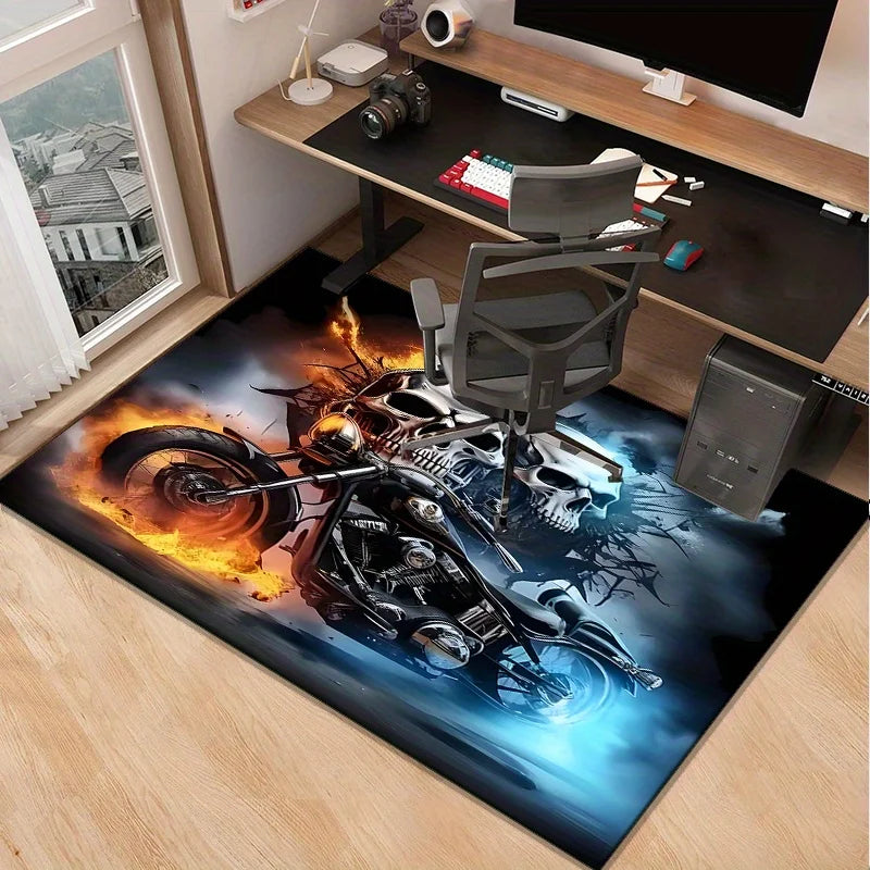 Skull Motorcycle Rug for Gaming Room Cool Biker DecorLarge Size Floor Mat with Fire Effect Unique Gift IdeaSkid resistant carpet