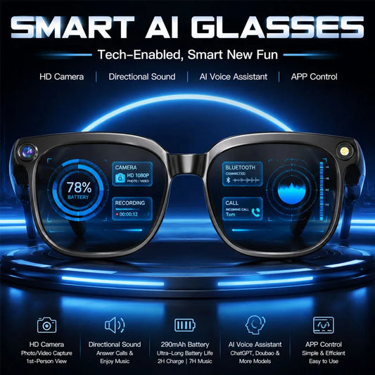 2026 New Smart Glasses 800W HD Pixel Camera IP65 Waterproof 290mAh Battery Real-time Translation Real-time Recording Sunglasses