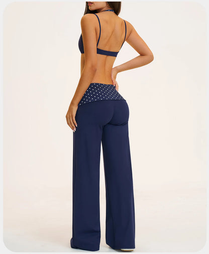 2PCS Stripes Fitness Suit Women's Tracksuits Polka Dot High Waist Workout Capri Pants Sports Set Female Yoga Sports Clothes
