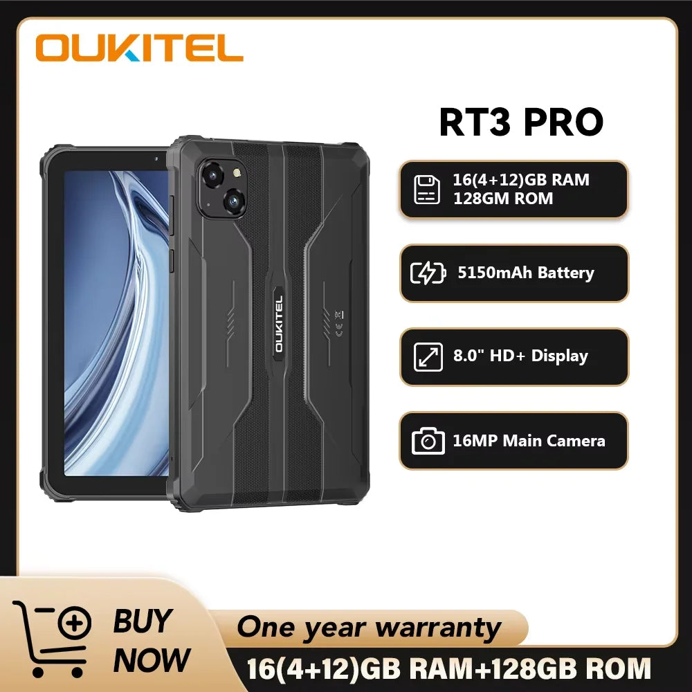 Oukitel RT3 PRO 5150mAh Battery 8"HD Display Tablet 13.9mm Ultra-Slim Profile IP68 &IP69K & MIL-STD-810H, 16(4+12)GB +128GB