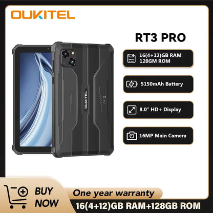 Oukitel RT3 PRO 5150mAh Battery 8"HD Display Tablet 13.9mm Ultra-Slim Profile IP68 &IP69K & MIL-STD-810H, 16(4+12)GB +128GB