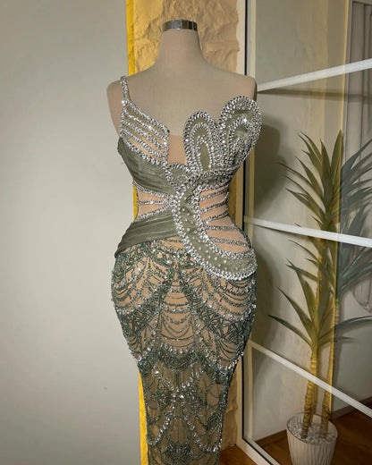Sexy Evening Gown With Rhinestones Small Beads Single Strap Sheer Long Skirt Party Dress Luxury Evening Dresses 2025