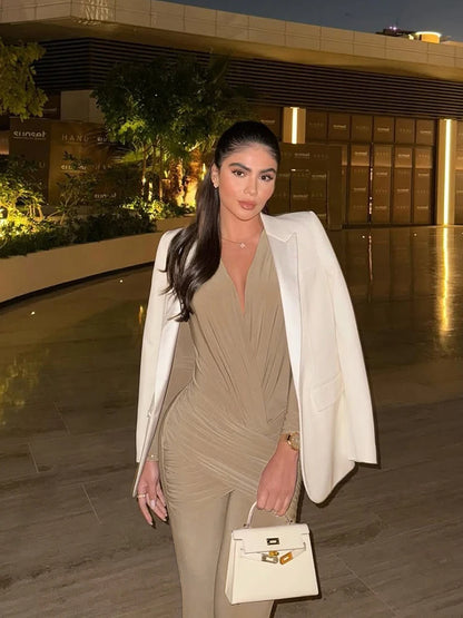 Weird Puss Cross Ruched Jumpsuit Women Patchwork Deep v-Neck Full Sleeve Elegant Skinny Stretch Workout Office Classic Overalls