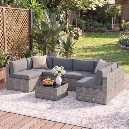 7 Pieces Wicker Outdoor Patio Furniture Set | Patio Sectional Sofa with Coffee Table, All-Weather Outdoor Sectional, Custom