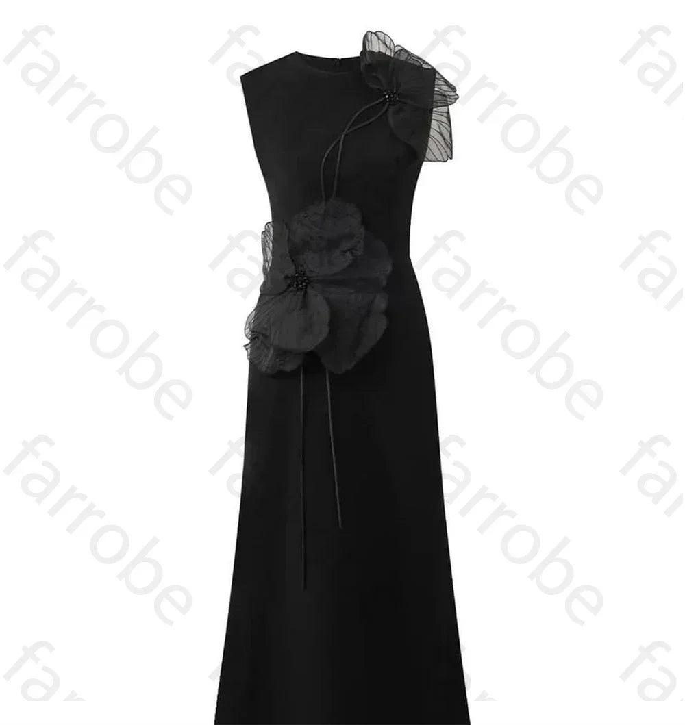 Customized Black Exquisite Evening Dress Flower Beading Ruched A-line Sleeveless Bespoke Occasion Gown Midi Dresses Party Gowns