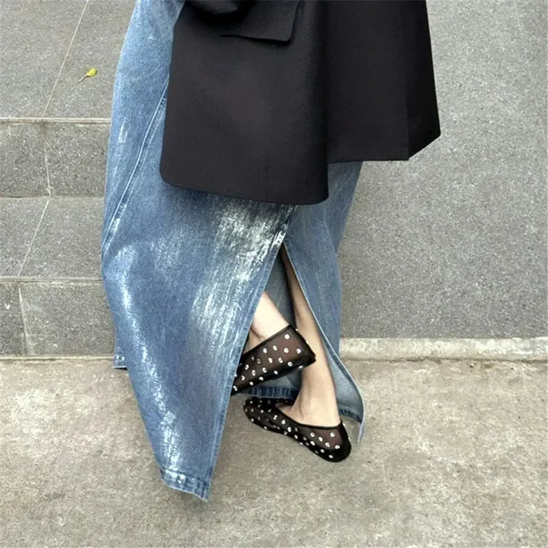 Luxury Glitter Rhinestone Designer Mesh Flats Women Summer Fashion Light Breathable Mules Loafers Elegant Comfort Ballet Shoes