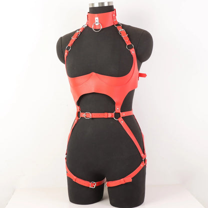 Women'S Sexy Gothic Vegan Faux Leather Full Body Harness Belt, Garter Belt Set