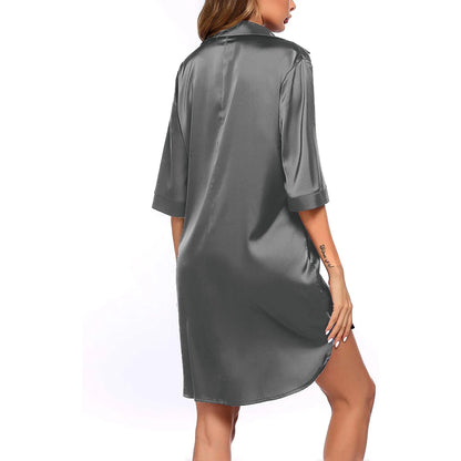 Women's Solid Color Silky Soft Pajamas Sexy Long Sleeve Nightshirt Smooth & Skin-Friendly Comfortable Home Sleepwear for Ladies