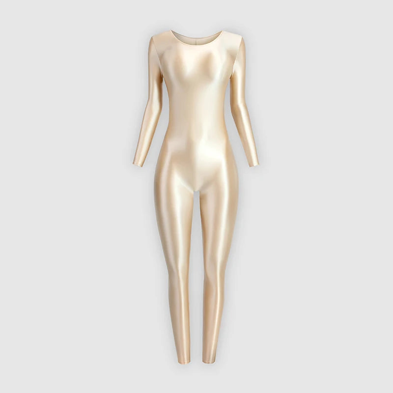 MJINM Women Shiny Oil One Piece Long Sleeve Zentai Suits Yoga Sports Jumpsuits Glossy Tights Cosplay Fitness Bodysuits Overalls