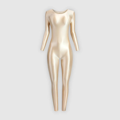 MJINM Women Shiny Oil One Piece Long Sleeve Zentai Suits Yoga Sports Jumpsuits Glossy Tights Cosplay Fitness Bodysuits Overalls