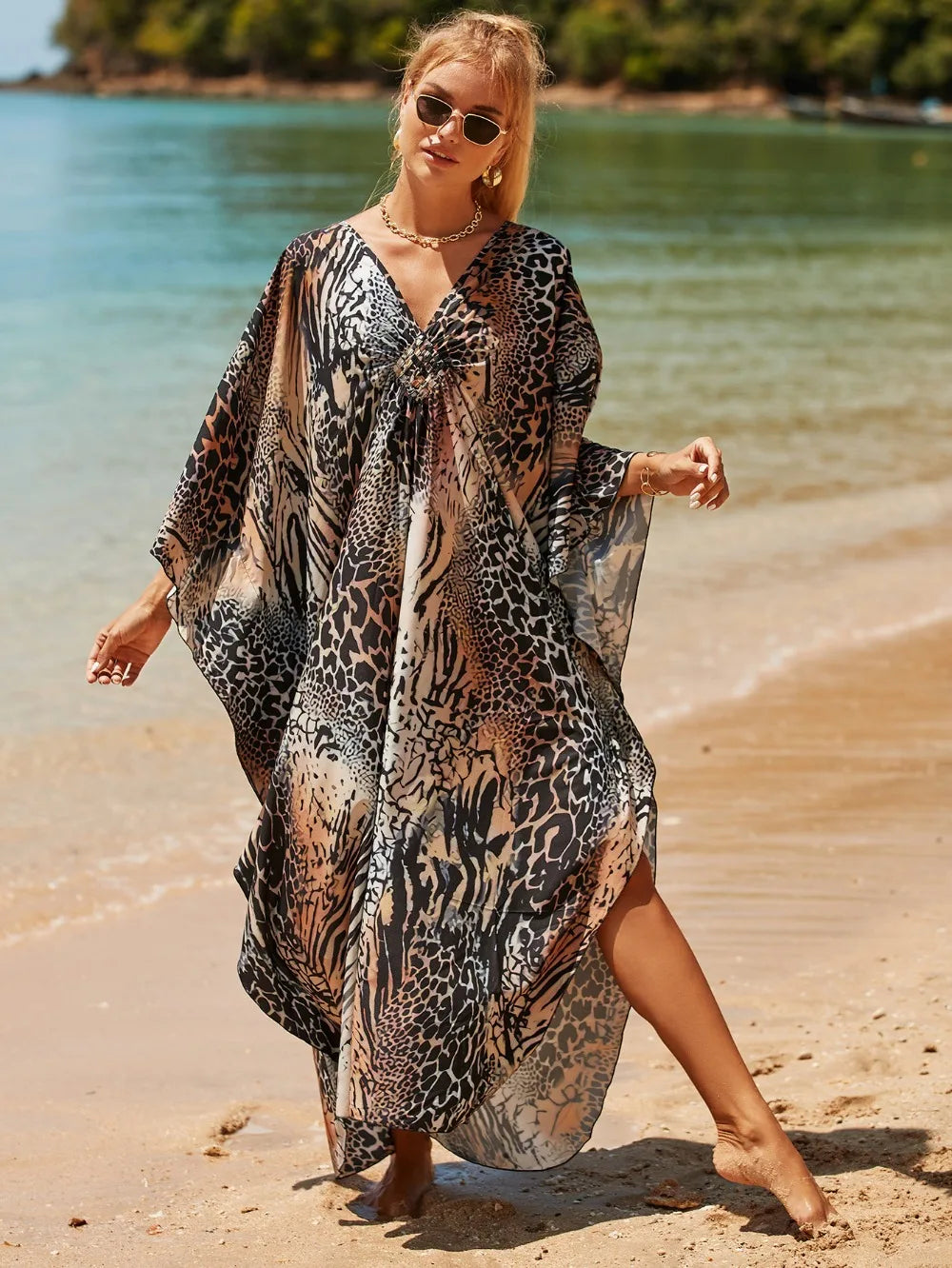 Fashion Boho Bikini Cover-ups Oversized Leopard Zebra Print Beach Cover Up Open Front Sunscreen Shawl For Women