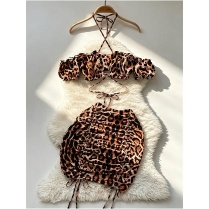 Leopard Print Suits Sexy Women Off the Shoulder Backless Crop Tops+Mini Skirts Sets Halter Drawstring Elastic Hotsweet Club Slim