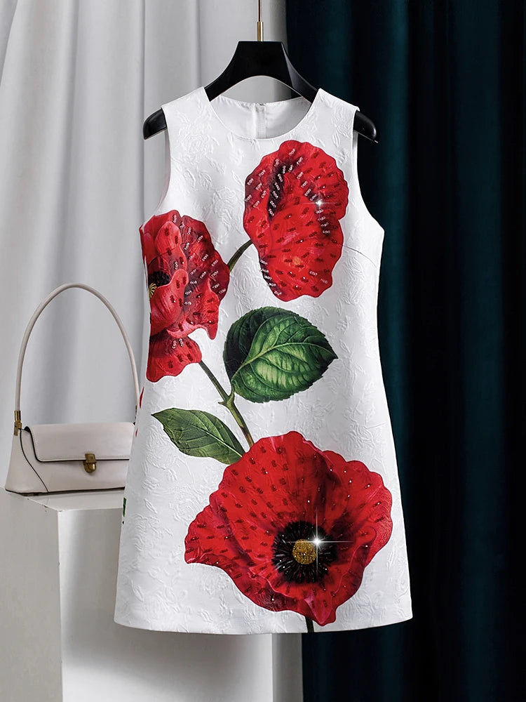 Women White Floral Printed Beaded Dress Sleeveless Round Neck a Line Elegant Summer Party Luxury Jacquard Shift Dress Chic Look