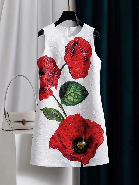 Women White Floral Printed Beaded Dress Sleeveless Round Neck a Line Elegant Summer Party Luxury Jacquard Shift Dress Chic Look