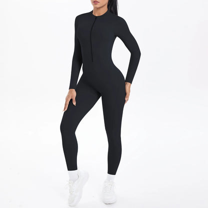 Solid Color Bodysuits for Woman's Backless Long Sleeved Zipper Yoga Jumpsuits High Dtrength Workout Sports Fitness Clothing Set