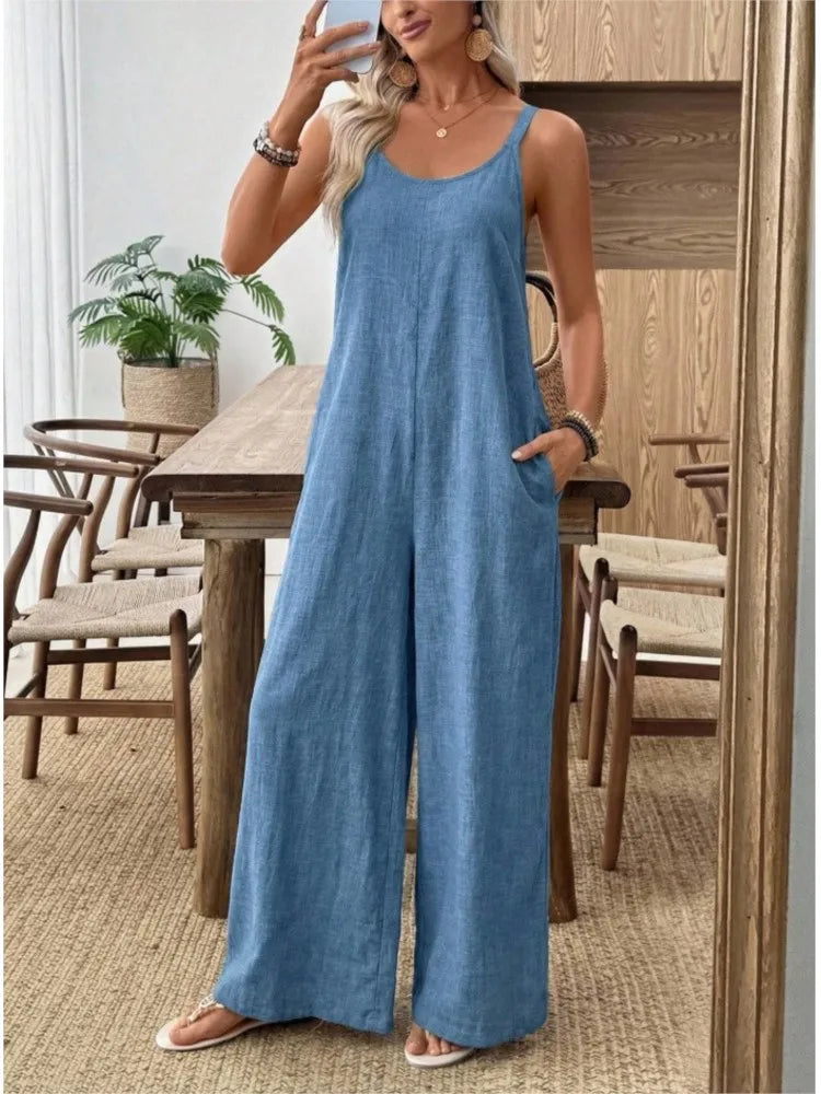 Summer Sleeveless Backless Jumpsuits For Woman 2026 Casual Holiday Solid Color Loose Strap Rompers One Piece Clothing