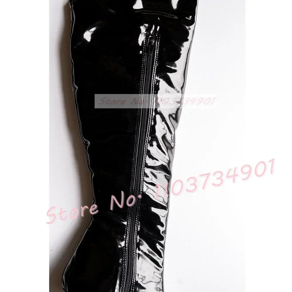 Platform Knee High Stiletto Boots Women Pink Splicing Round Toe Lace-Up Shiny Leather High Heels Boots Female Sexy Slim Boots