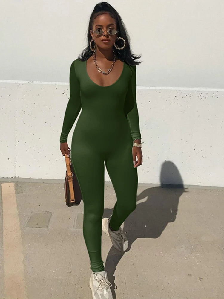 Hugcitar 2025 Square Collar Solid Long Sleeve Stretchy Bodycon Jumpsuits Winter Women Fashion Romper Streetwear Sport Wholesale