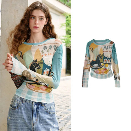 TOYOUTH Women's Sheer Second Skin Base Layer Top 2026 Fall Slim Fit Mongolian Print Nomadic Style
