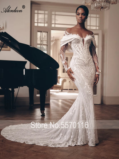 Alonlivn Custom Made Luxury Lace 2 In 1 Mermaid Wedding Dress Beading Embroidery Illusion Neck Trumpet Bridal Gowns