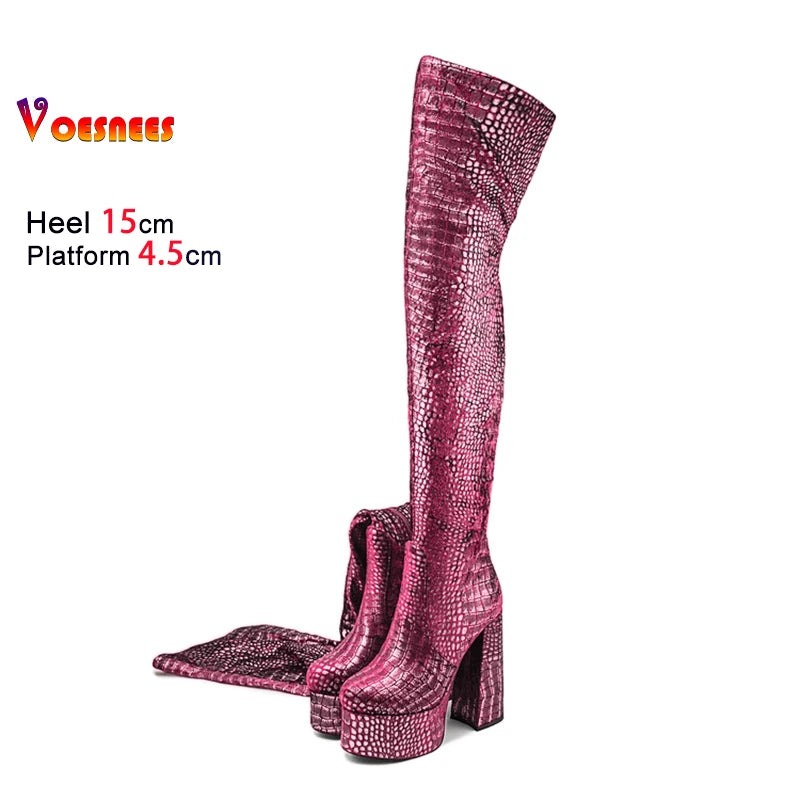 15CM Chunky Heel Platform Woman Over-the-knee Snake Pattern Boots Wild T Show Shoes Sexy Slimming Stretch Thigh Boots For Women