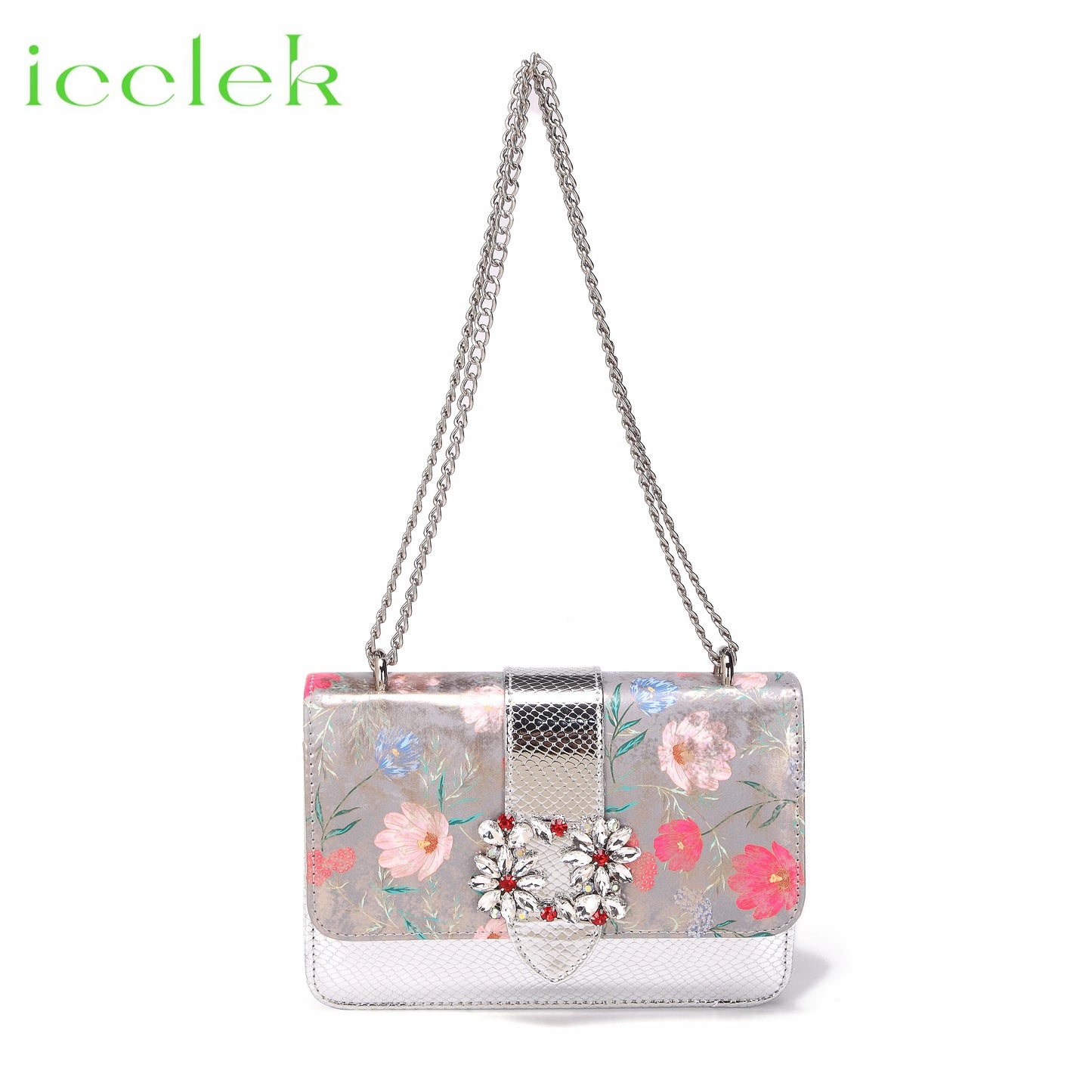 Newest Green Color Print Design High Heels Decorated with Water Rhinestone Party Women's Shoes and Bags Set