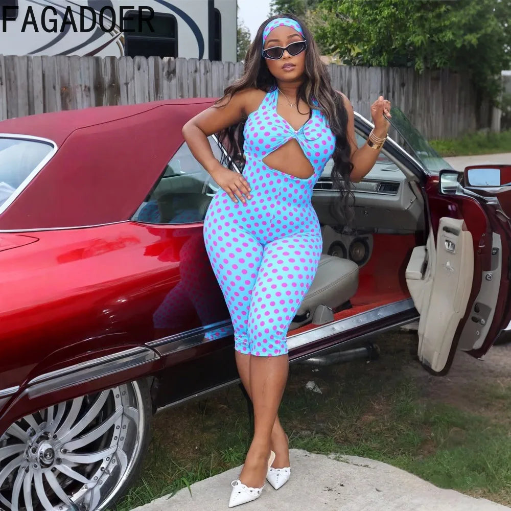 FAGADOER Vintage Fashion Polka Dot Print Bodycon Jumpsuits Woman Halter Deep V-neck Backless Rompers Female Streetwear Overalls