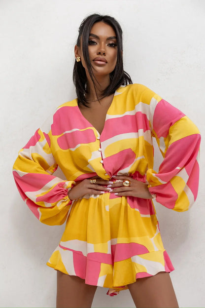 Fashion Print Jumpsuit V-neck Buttons Long Sleeves High Waist Spliced ruffle Slim Shorts Jumpsuits For Women Spring New Style
