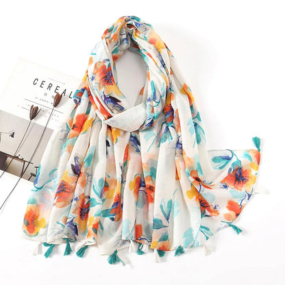 2025 Japanese Boho Linen Scarf: Vintage Floral Print Patchwork Shawl - Sun Protection Fringe Wrap Women