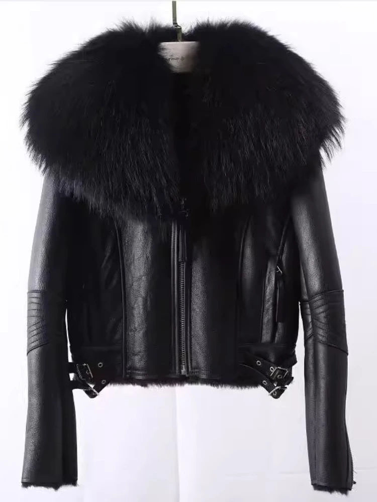 OFTBUY Hot Sales Sheepskin Fur Coat Fashion New Winter Real Leather Jacket Raccoon Fur Collar Women Clothing Integrated Fur Coat