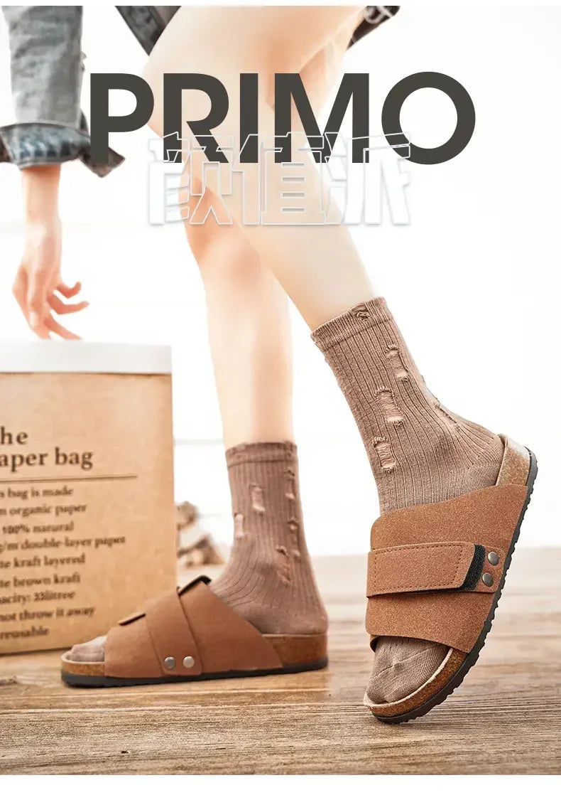 Cork Slippers Men Summer Beach Slides Suede Leather Womens Flat Sandals Fashionable Outdoor Male Mules Non Slip Babouche Femm