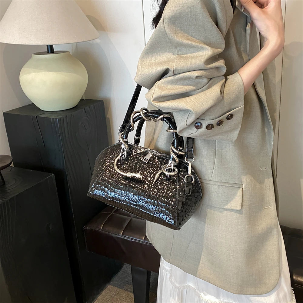 Crocodile Pattern Top-handle Shell Bag With Snake Hardware Wild Shoulder Crossbody Handbags MOODS Designer Luxury Bags For Women