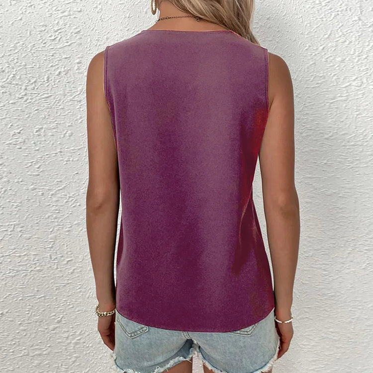 Sleeveless V-neck Lace Parchwork Blouse Women Loose Hollow Out Summer Tee Shirt Casual Streetwear Tsnk Top