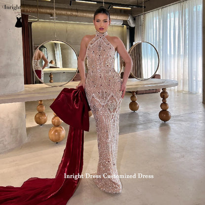 Inright Customized Sparkling Crystal-Embellished Halter-Neck Sheath Evening Dresses Burgundy Cape Train and Bow Back Train