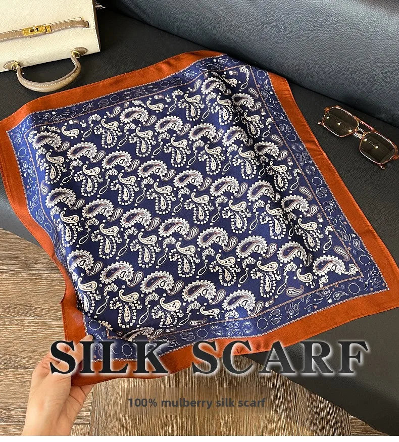 100% Mulberry Silk Square Scarf 53x53cm Royal Blue Paisley Print Neck Scarf Headband Bag Ribbon Vintage Elegant Gift For Women