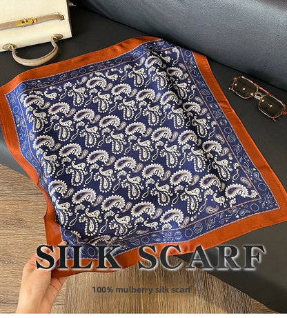 100% Mulberry Silk Square Scarf 53x53cm Royal Blue Paisley Print Neck Scarf Headband Bag Ribbon Vintage Elegant Gift For Women