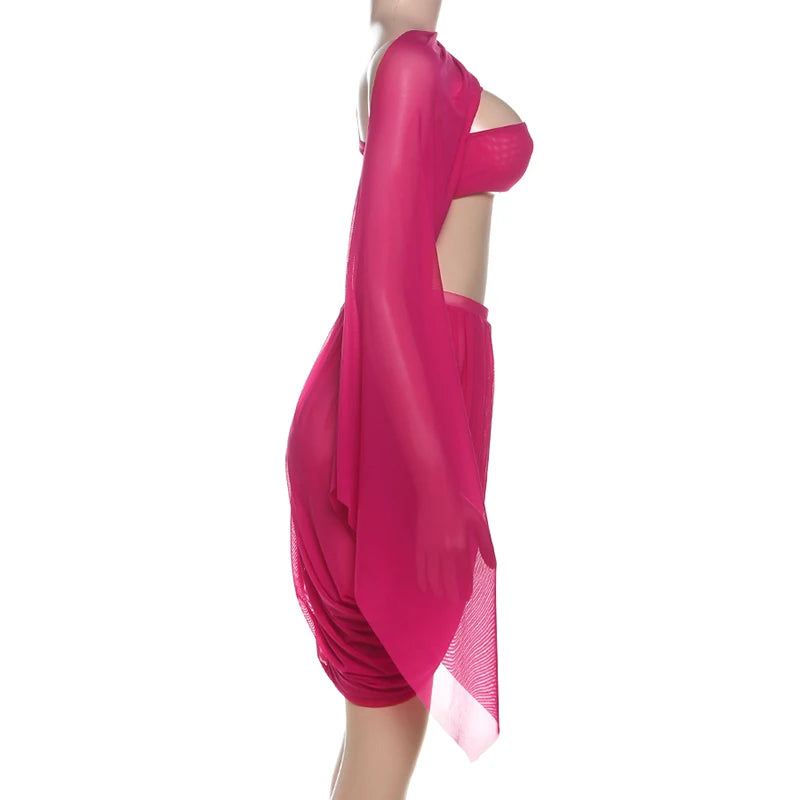 Y2K Sexy 2 Piece Set Women See Through Midnight Irregular Full Sleeve Crop Tops+Ruched Split Skirts Matching Clubwear