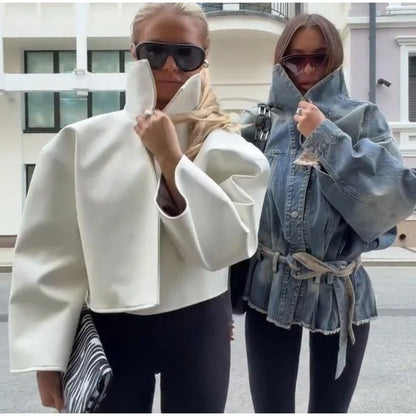 Women Cropped PU Leather Jacket Stand Collar Wide Flare Sleeve Asymmetrical Wrap Open Front Coat 2026 Autumn Chic Loose Jackets