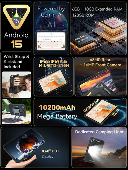 Android Tablet Cubot TAB KingKong Mini, 10200mAh Mega Battery 16GB(6+10),128GB, Camping Light, 8.68-inch Screen, 48MP Camera,GPS