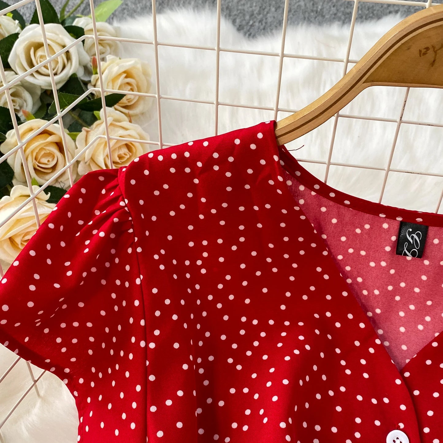 Summer Women Polka Dot Long Dress Vintage V-Neck Flying Sleeve High Waist Single Breasted A-Line Casual Vestidos Female Robe New
