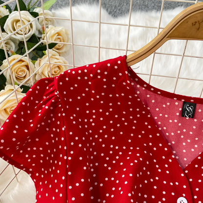 Summer Women Polka Dot Long Dress Vintage V-Neck Flying Sleeve High Waist Single Breasted A-Line Casual Vestidos Female Robe New