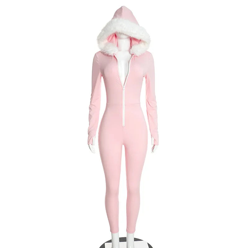Nsauye Jumpsuits Women Long Sleeve Pullover Faux Fur Hoodies Skinny One Pieces Overalls Sexy Clubwear Sport Y2K Jumpsuit Rompers