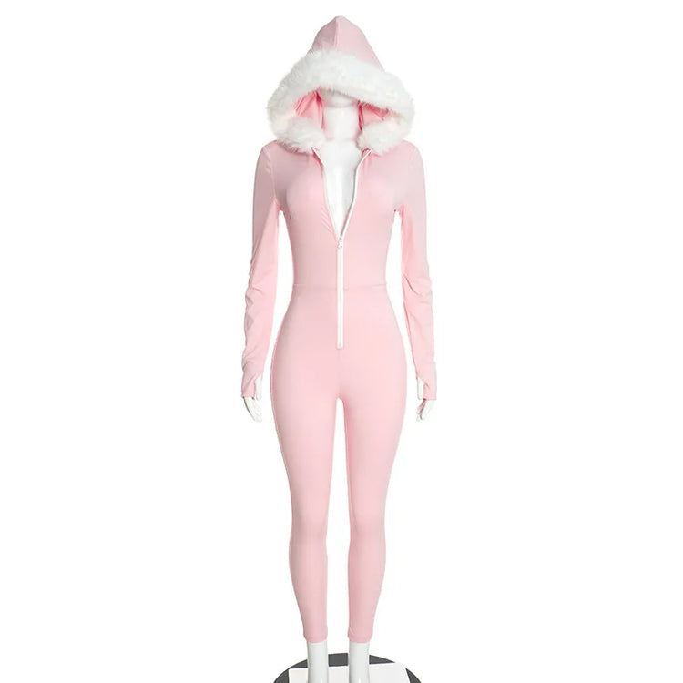 Nsauye Jumpsuits Women Long Sleeve Pullover Faux Fur Hoodies Skinny One Pieces Overalls Sexy Clubwear Sport Y2K Jumpsuit Rompers