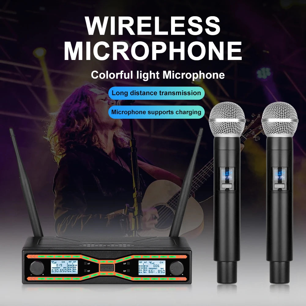 2-Channel Wireless Microphone System, UHF Fixed Dual-Frequency Wireless Kit with 2 Handheld Dynamic Transmitter Microphones and Receiver Base, Suitable for Singing, Weddings, DJs, Parties, Black