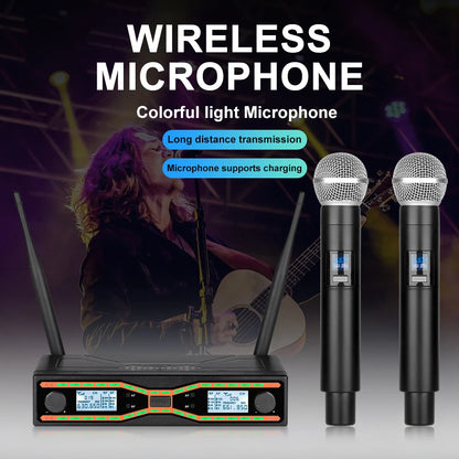 2-Channel Wireless Microphone System, UHF Fixed Dual-Frequency Wireless Kit with 2 Handheld Dynamic Transmitter Microphones and Receiver Base, Suitable for Singing, Weddings, DJs, Parties, Black