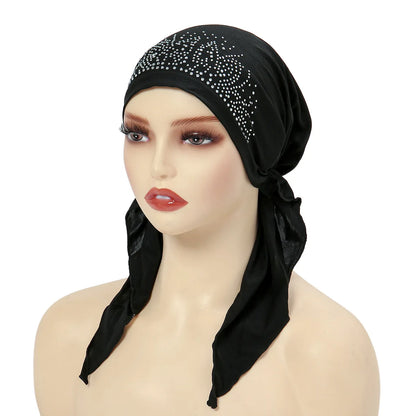Fashion Muslim Headscarf Hat for Women Thin Summer Inner Hijab Caps Solid Color Diamond Turban Bonnet India Headwrap
