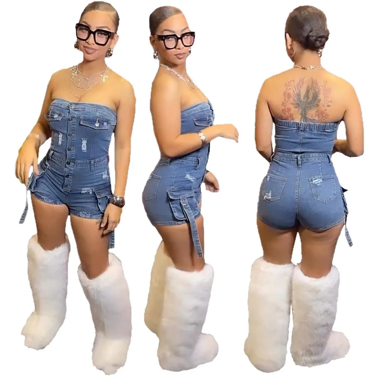 Jumpsuits Women Denim One Piece Jeans Shorts Summer 2025 Short Pants Strapless Backless Hole Washed Distressed Streetwear