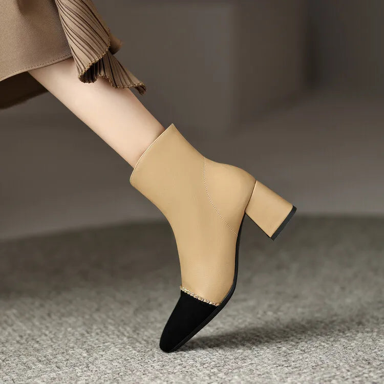 LeShion Of Chanmeb Natural Genuine Leather Boots Luxury Brand Designer Mix-color Kid Suede Ankle Boot Ladies Autumn Winter Shoes
