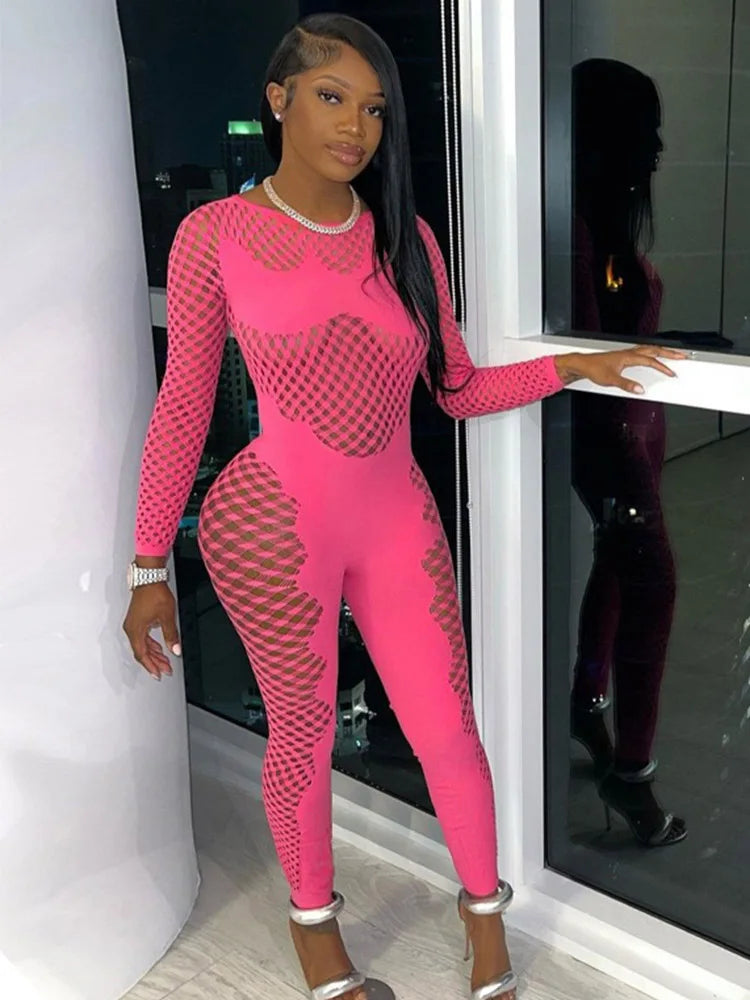 FHSEER Women's Plus Size Sexy Jumpsuit Fishnet Hollow Out Bodycon Long Sleeve Stretchy Jumpsuit Sexy Club Party Outfit
