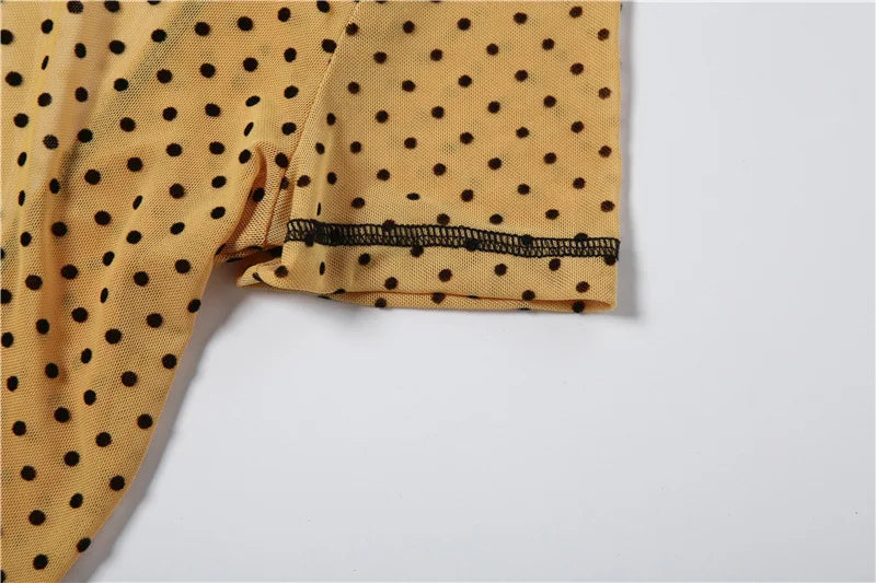 FAGADOER Khaki Polka Dot Bodycon Shorts Romper Women Stand Collar Back Hollow Out Skinny Jumpsuits Mesh See Through Playsuit
